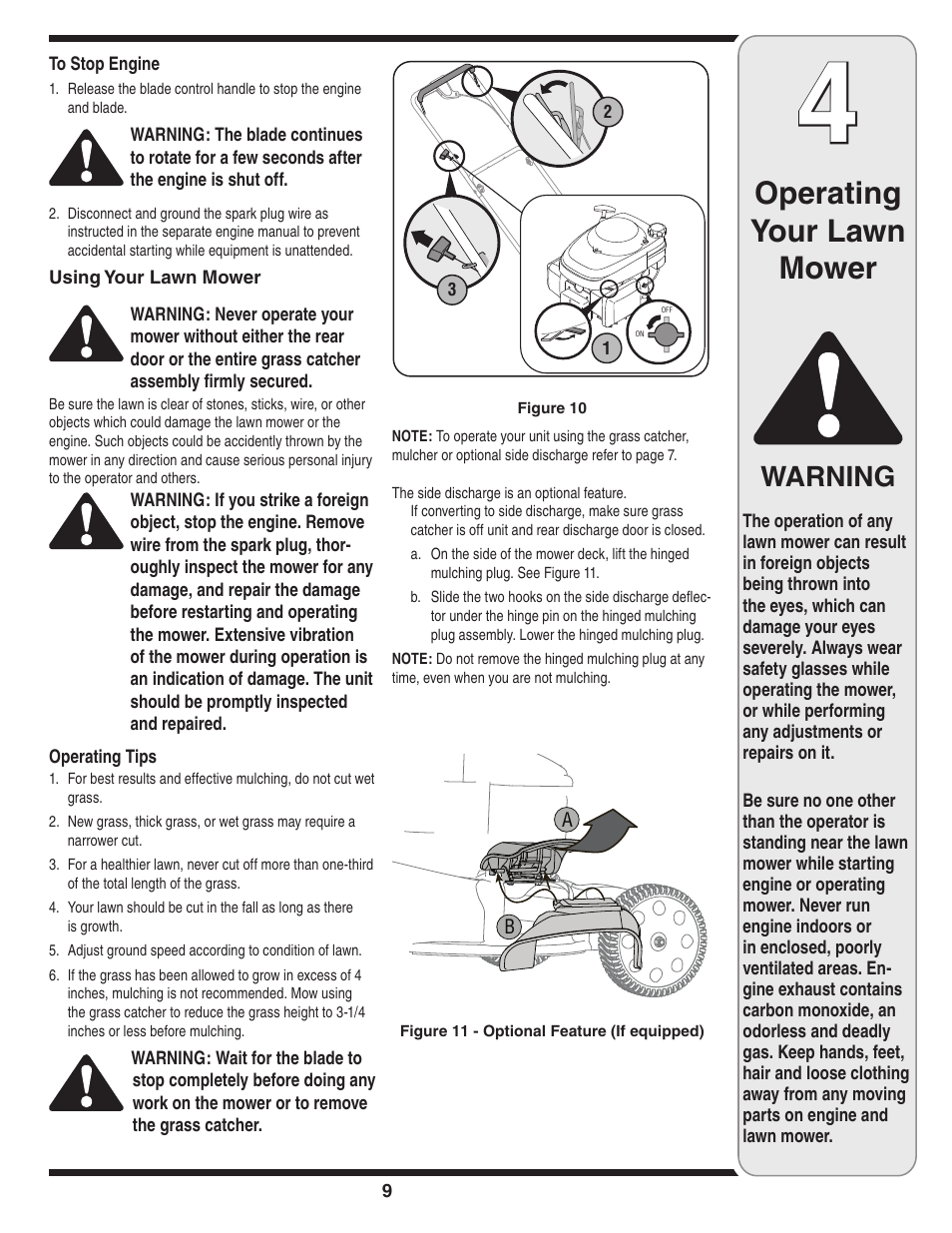 Operating your lawn mower, Warning | Yard-Man 540 User Manual | Page 9 / 28