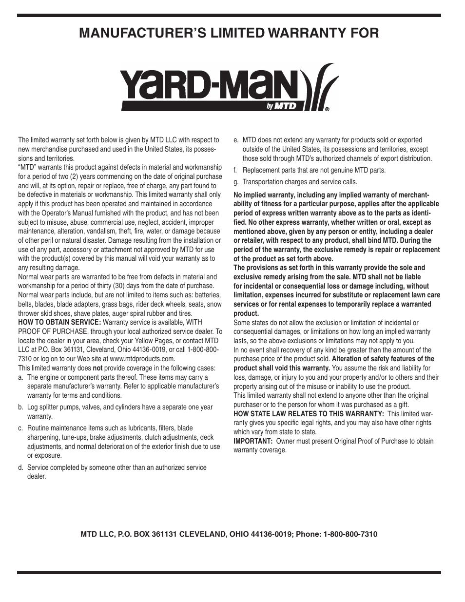 Manufacturer’s limited warranty for | Yard-Man 430 User Manual | Page 16 / 16