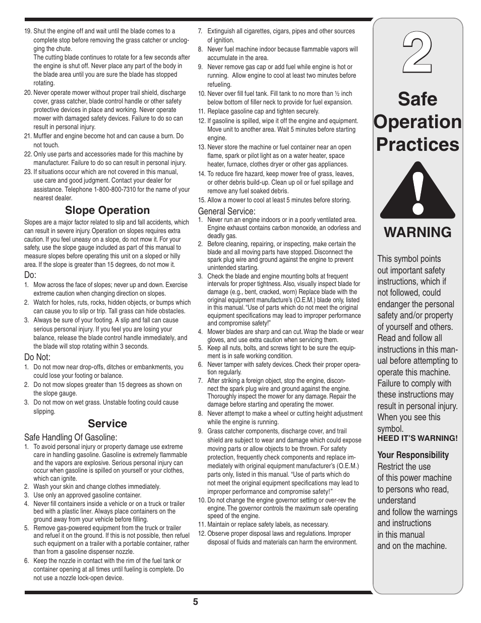 Safe operation practices, Warning, Slope operation | Service | Yard-Man 430 User Manual | Page 5 / 16