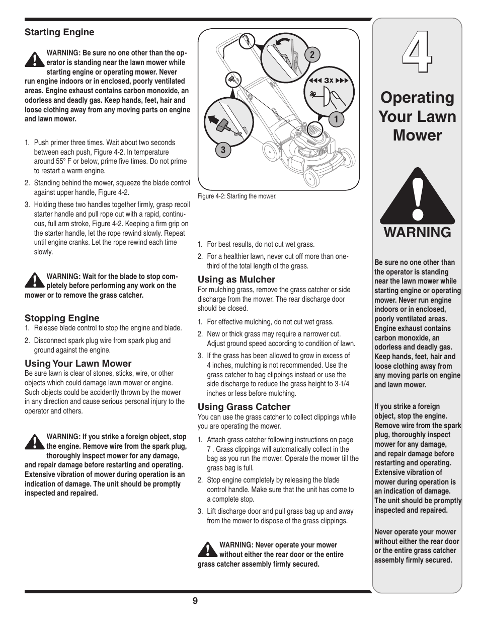 Operating your lawn mower, Warning | Yard-Man 430 User Manual | Page 9 / 16