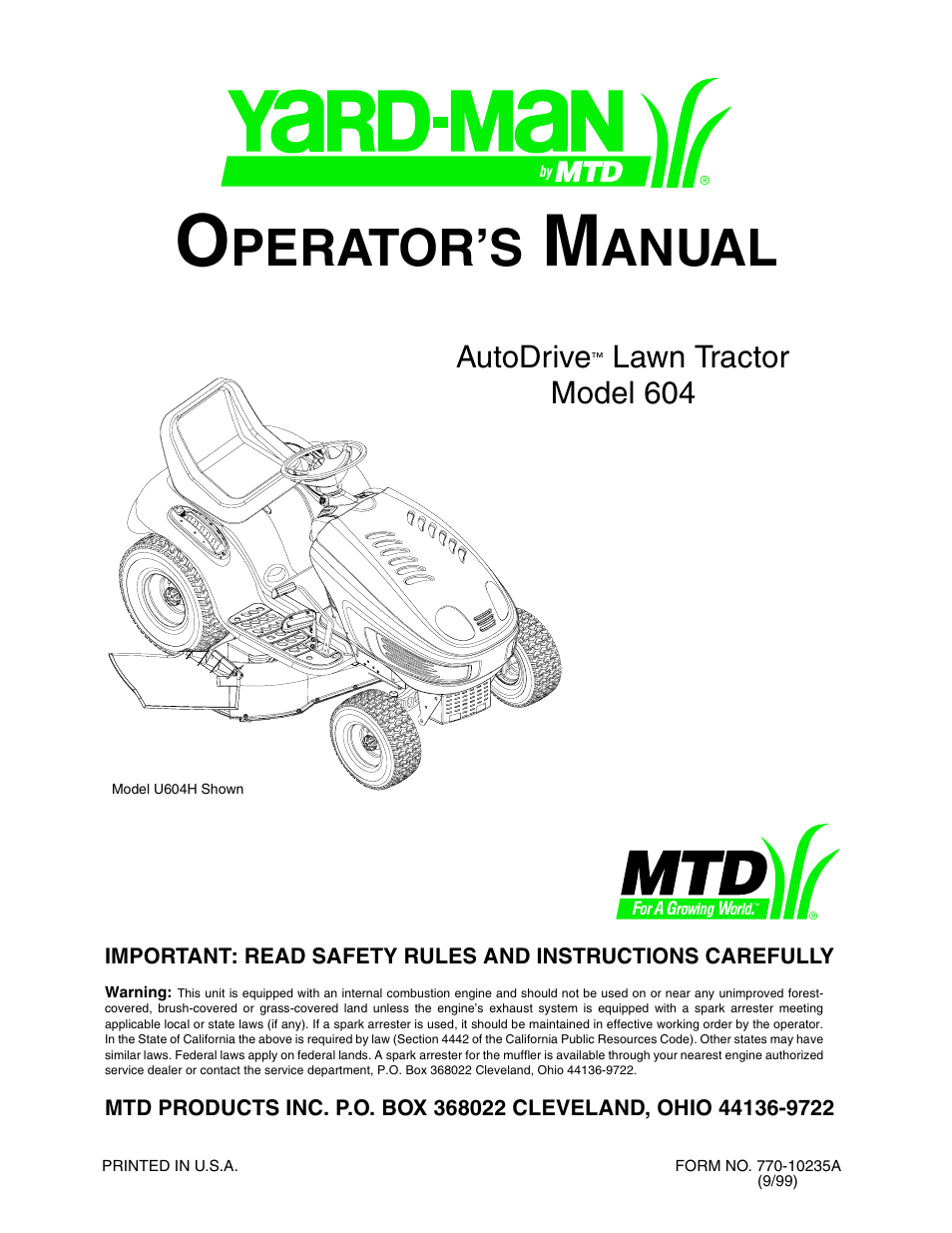 Yard-Man 604 User Manual | 44 pages