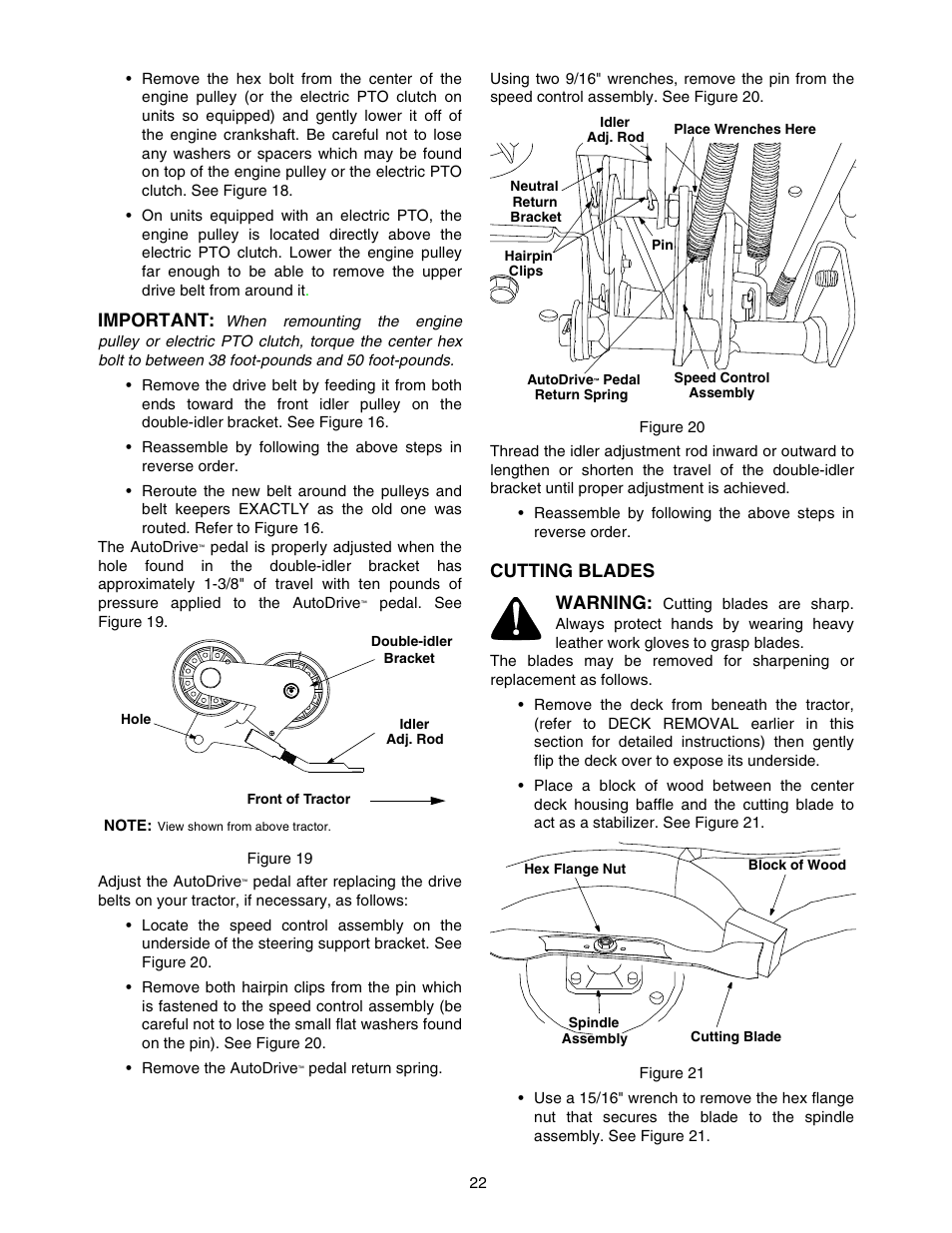 Important, Cutting blades warning | Yard-Man 604 User Manual | Page 22 / 44