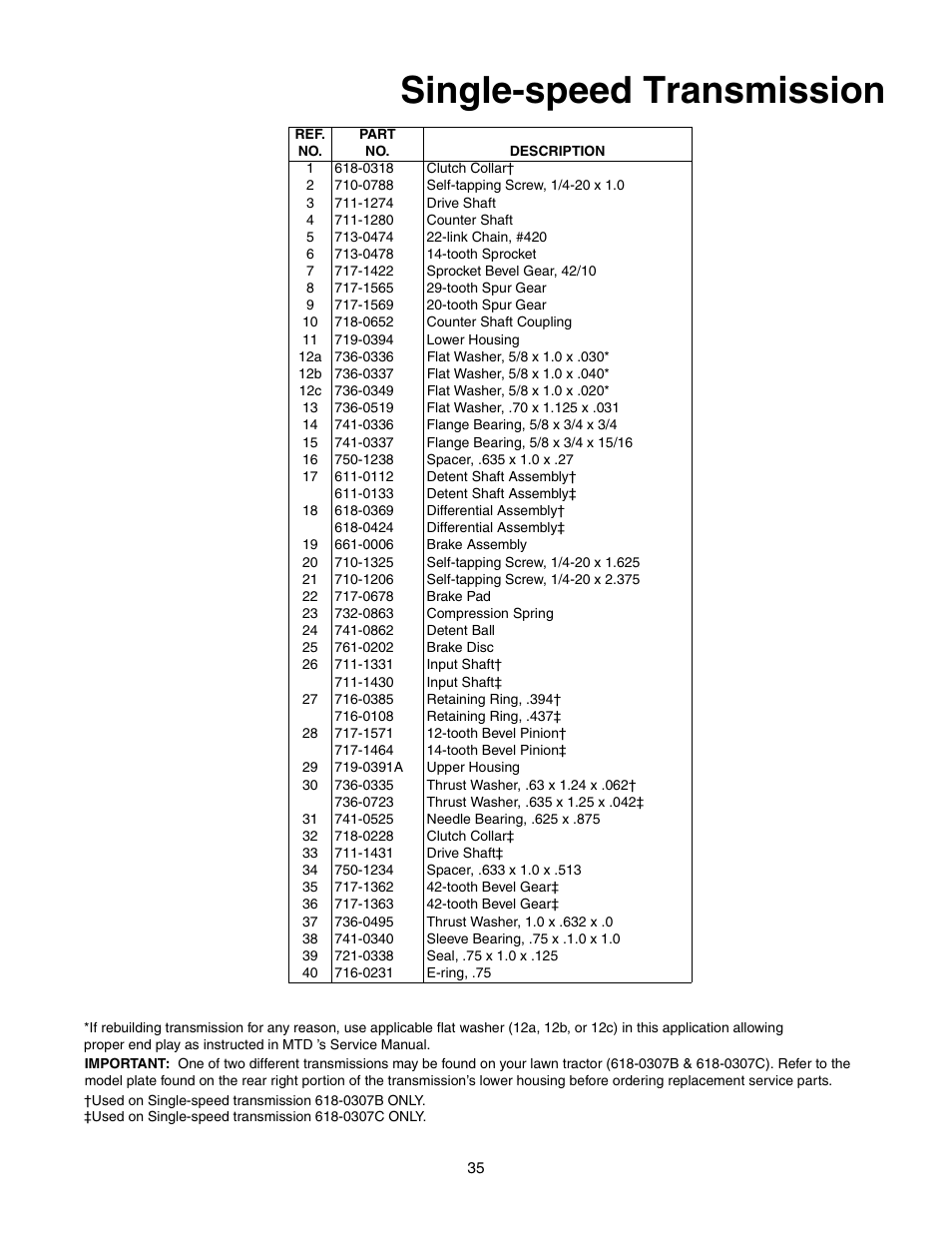 Single-speed transmission | Yard-Man 604 User Manual | Page 35 / 44