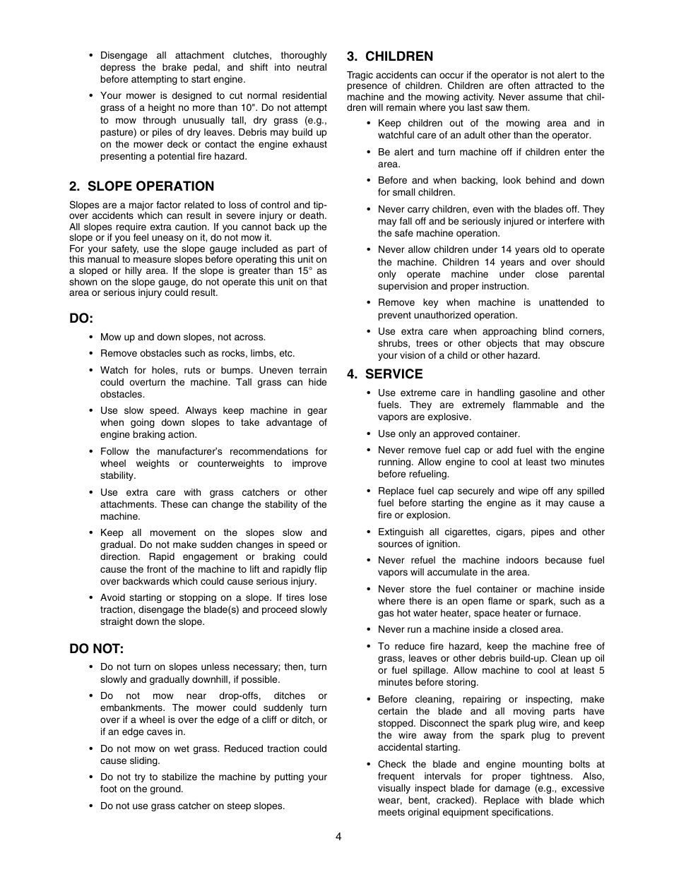 Slope operation, Do not, Children | Service | Yard-Man 604 User Manual | Page 4 / 44