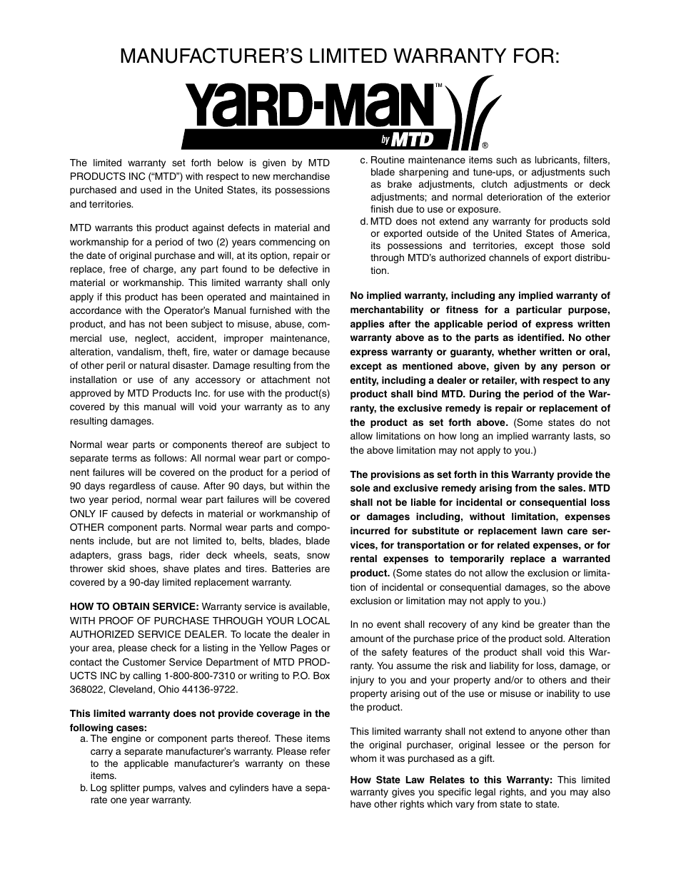 Manufacturer’s limited warranty for | Yard-Man 604 User Manual | Page 44 / 44