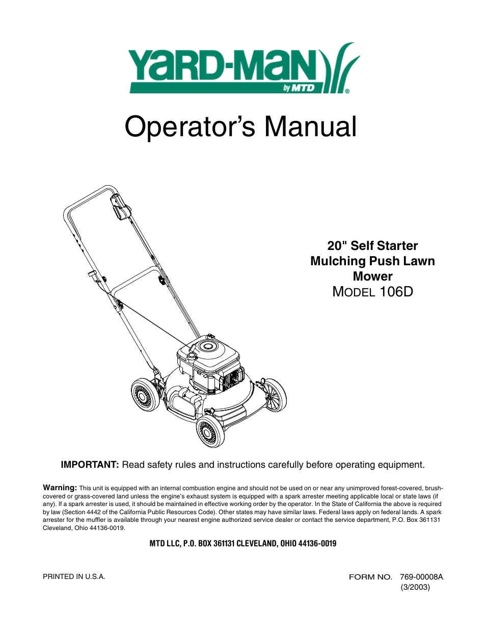 Yard-Man 106D User Manual | 20 pages