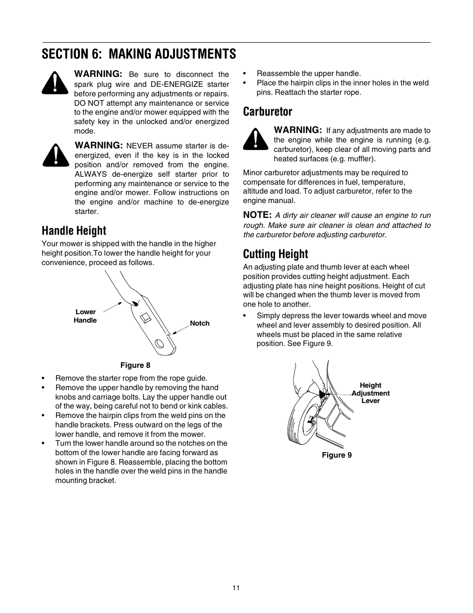 Handle height, Carburetor, Cutting height | Yard-Man 106D User Manual | Page 11 / 20