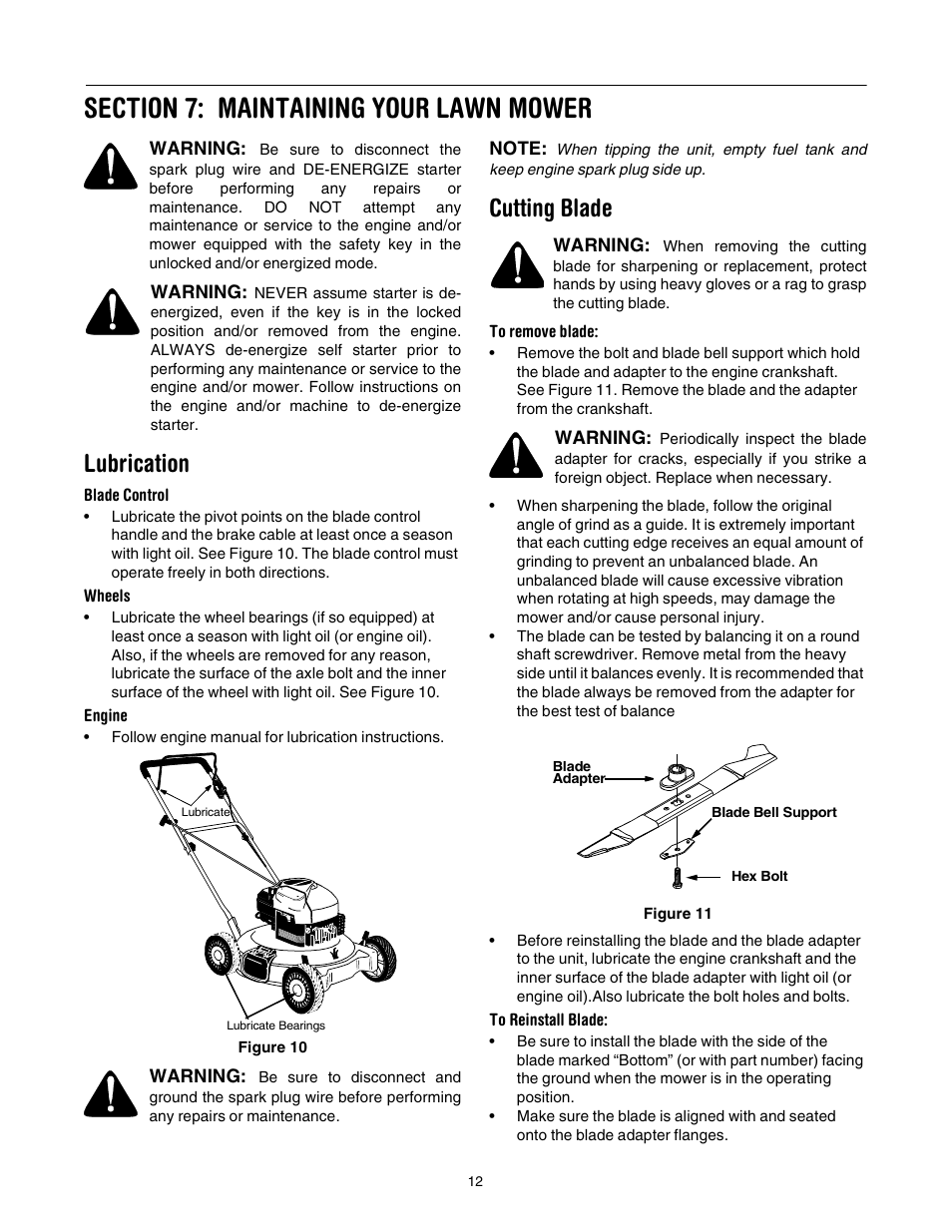 Lubrication, Cutting blade | Yard-Man 106D User Manual | Page 12 / 20
