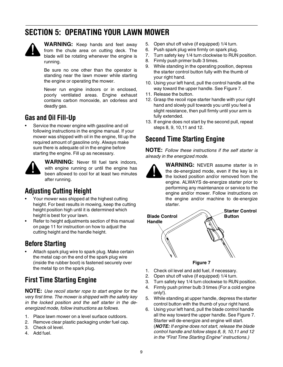 Gas and oil fill-up, Adjusting cutting height, Before starting | First time starting engine, Second time starting engine | Yard-Man 106D User Manual | Page 9 / 20