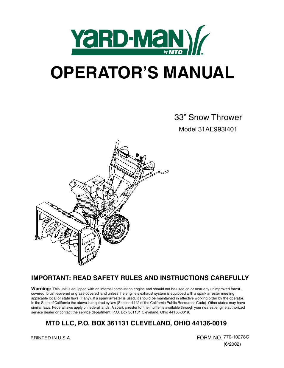 Yard-Man 31AE993I401 User Manual | 28 pages