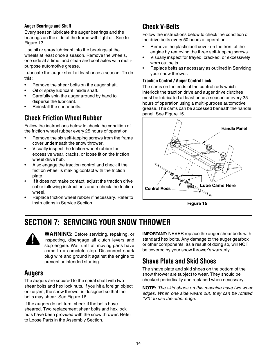 Check friction wheel rubber, Check v-belts, Augers | Shave plate and skid shoes | Yard-Man 31AE993I401 User Manual | Page 14 / 28