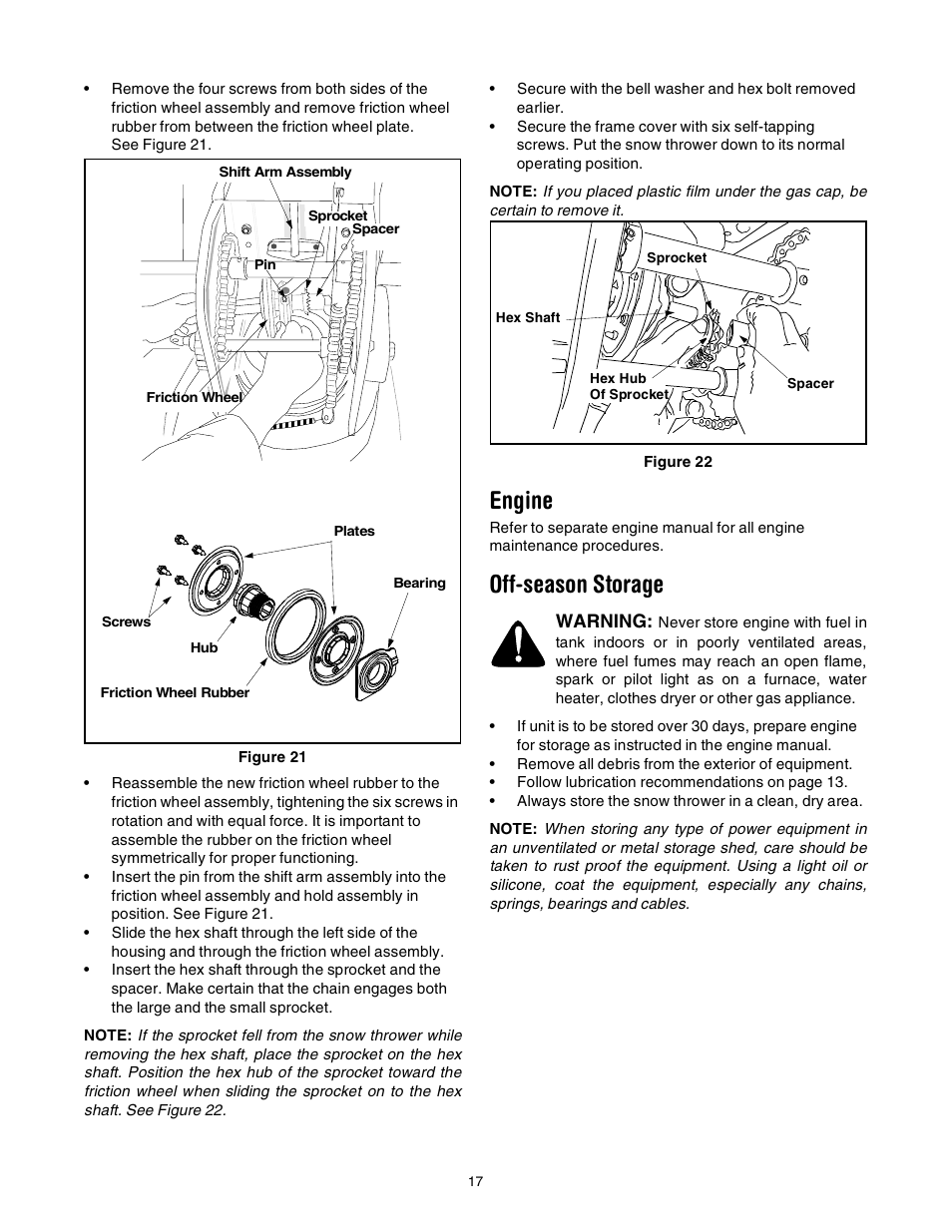 Engine, Off-season storage, Warning | Yard-Man 31AE993I401 User Manual | Page 17 / 28