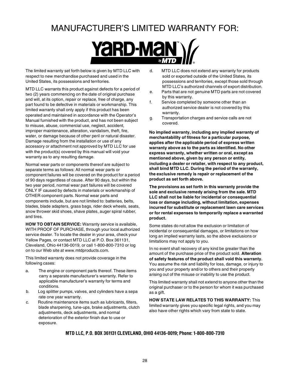 Manufacturer’s limited warranty for | Yard-Man 31AE993I401 User Manual | Page 28 / 28