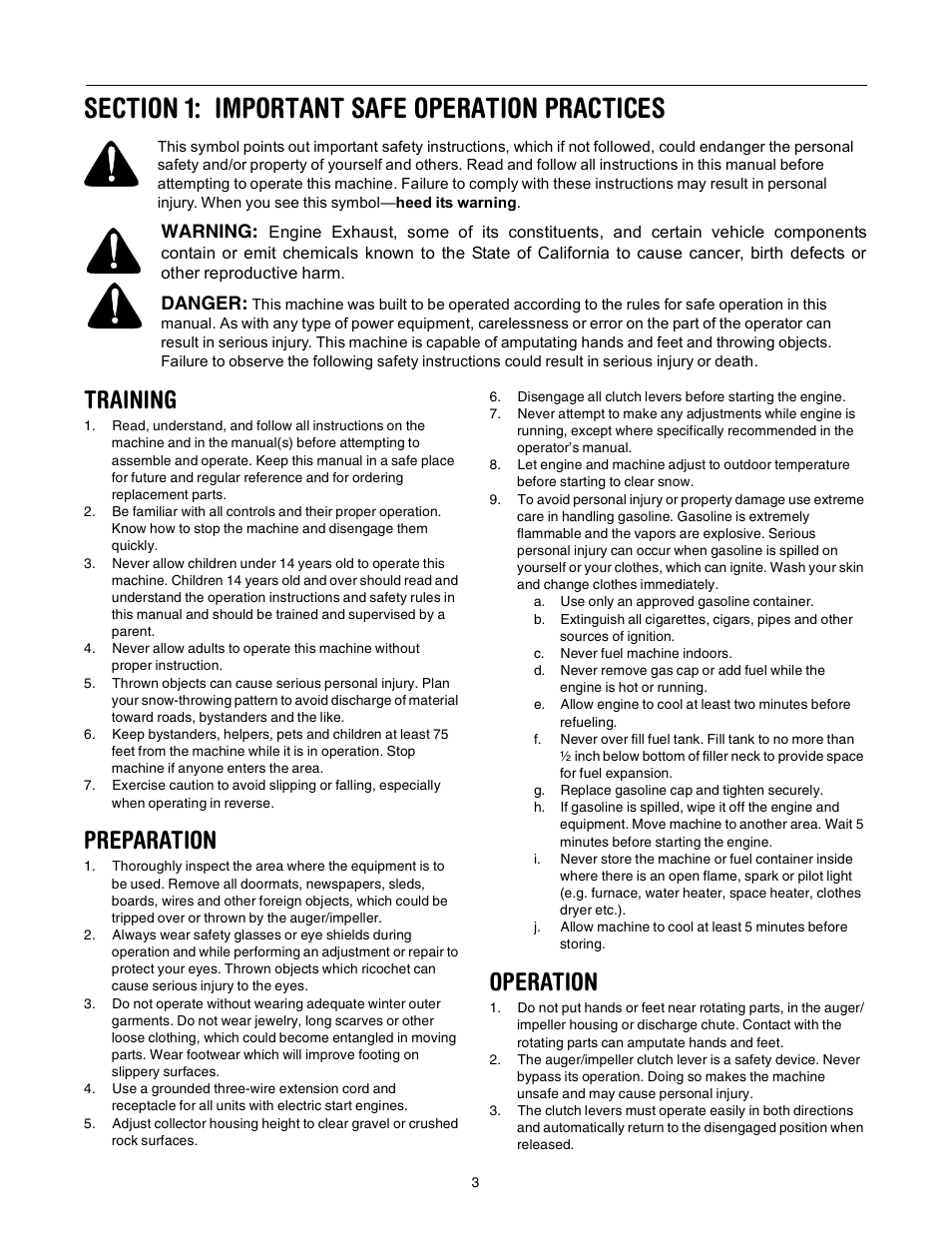 Training, Preparation, Operation | Warning, Danger | Yard-Man 31AE993I401 User Manual | Page 3 / 28