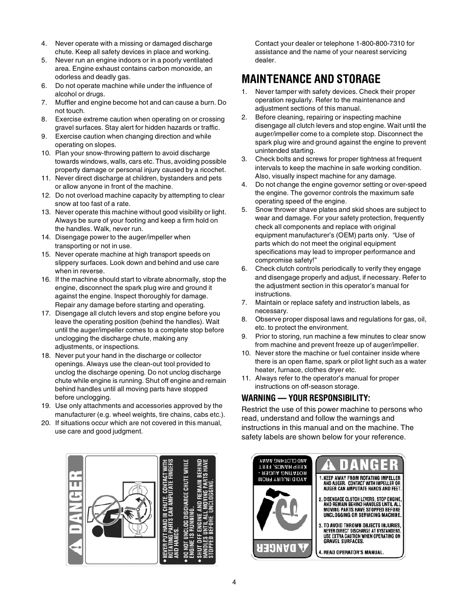 Maintenance and storage, Warning — your responsibility | Yard-Man 31AE993I401 User Manual | Page 4 / 28