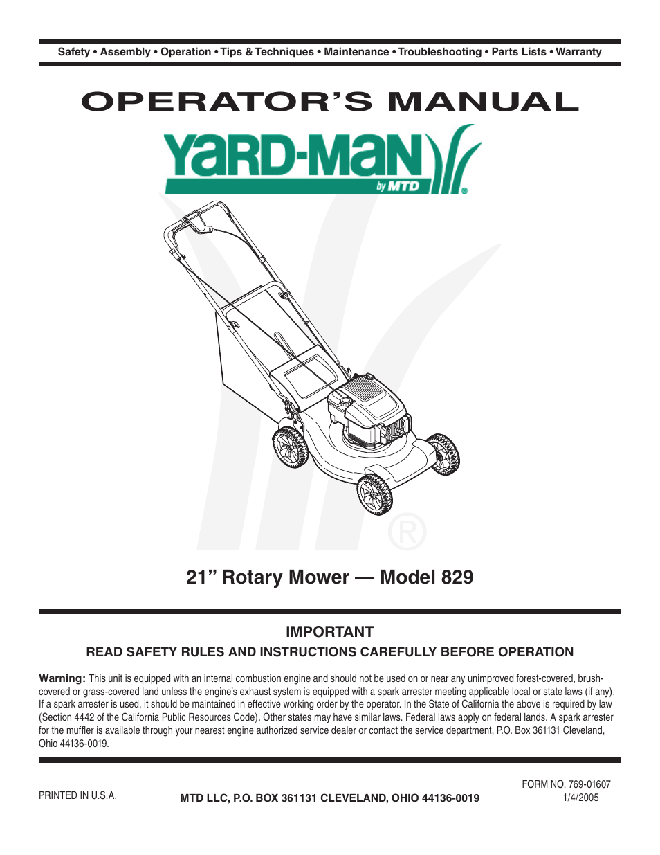 Yard-Man 829 User Manual | 20 pages