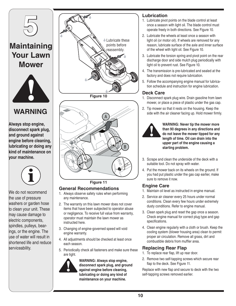 Maintaining your lawn mower, Warning | Yard-Man 829 User Manual | Page 10 / 20