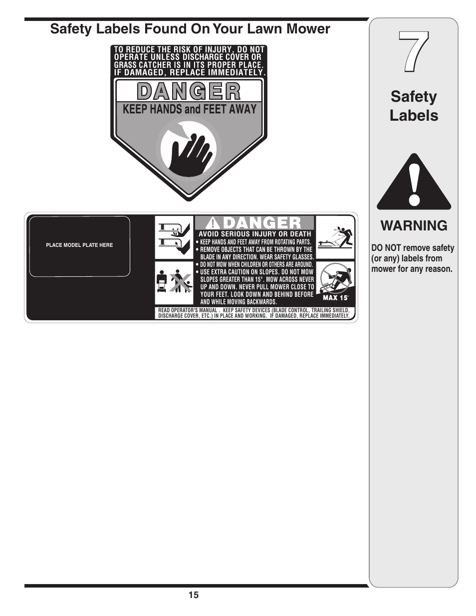 Safety labels, Warning, Safety labels found on your lawn mower | Yard-Man 829 User Manual | Page 15 / 20