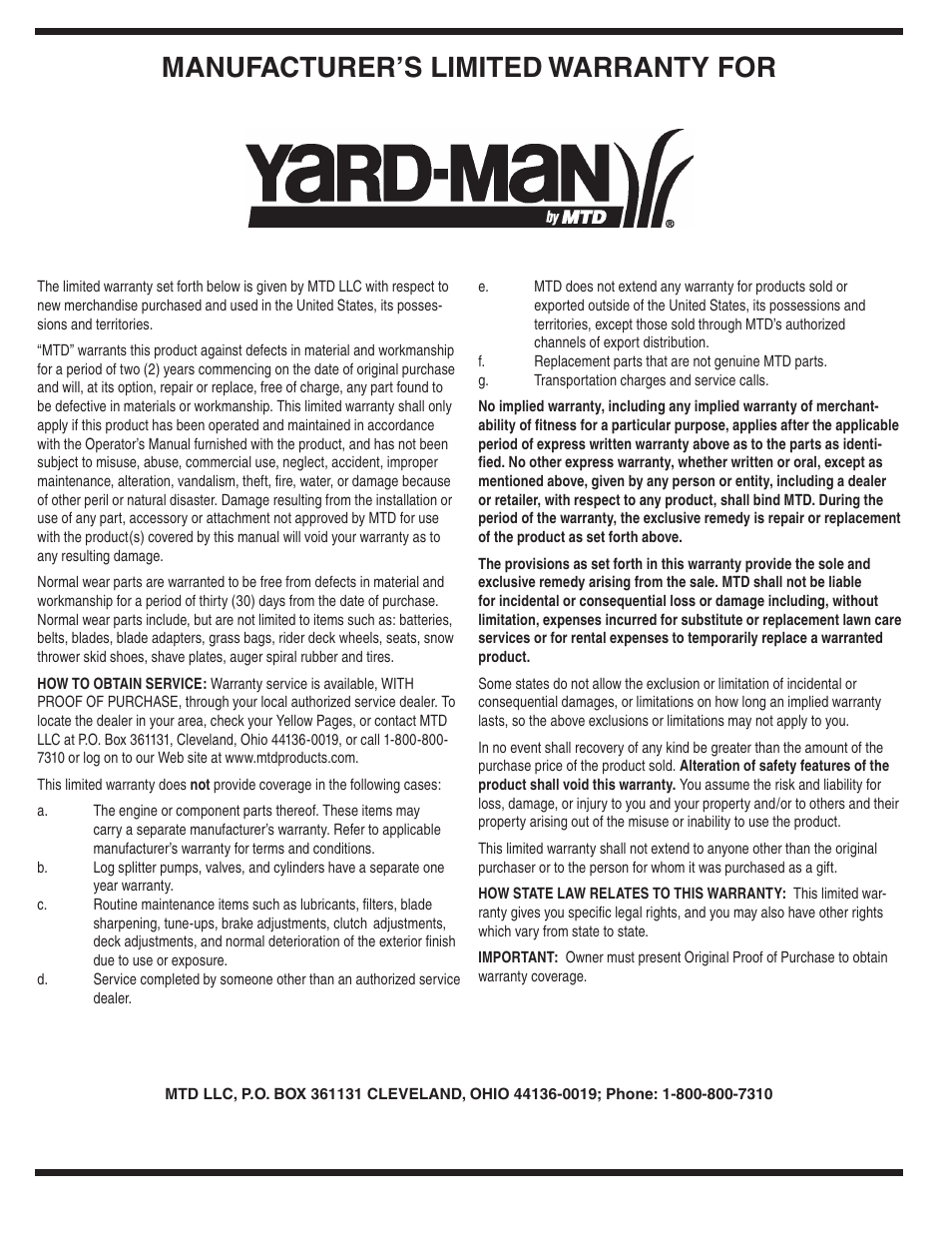 Manufacturer’s limited warranty for | Yard-Man 829 User Manual | Page 20 / 20