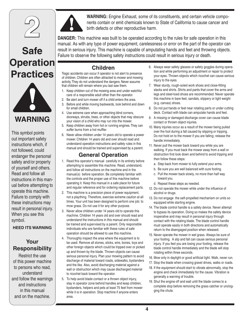 Safe operation practices, Warning | Yard-Man 829 User Manual | Page 4 / 20