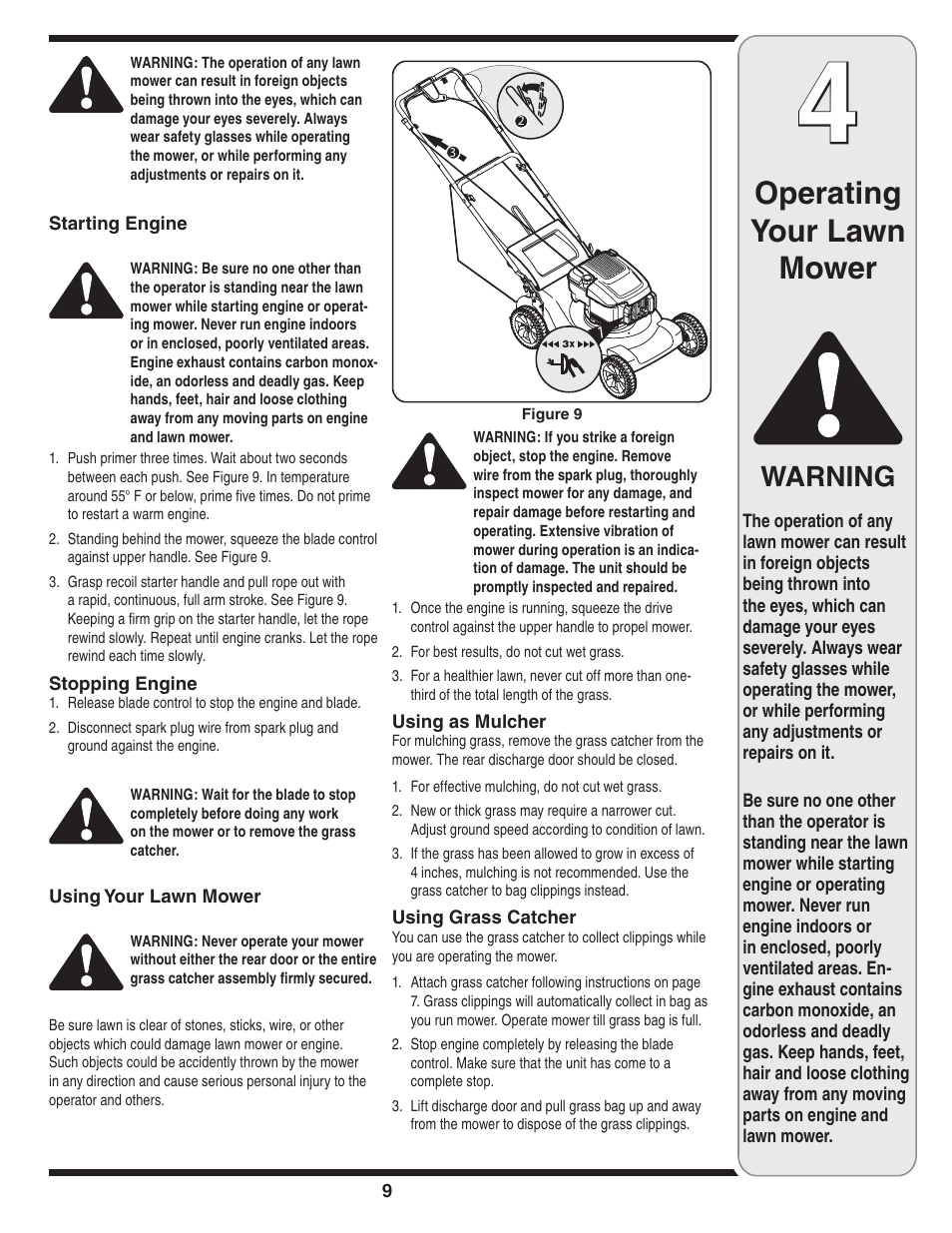 Operating your lawn mower, Warning | Yard-Man 829 User Manual | Page 9 / 20