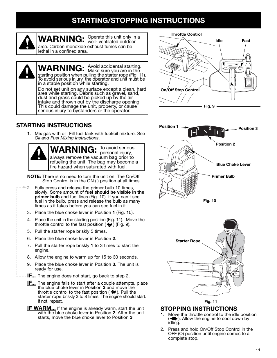 Warning, Starting/stopping instructions, Stopping instructions | Starting instructions | Yard-Man YMGBV3100 User Manual | Page 11 / 72