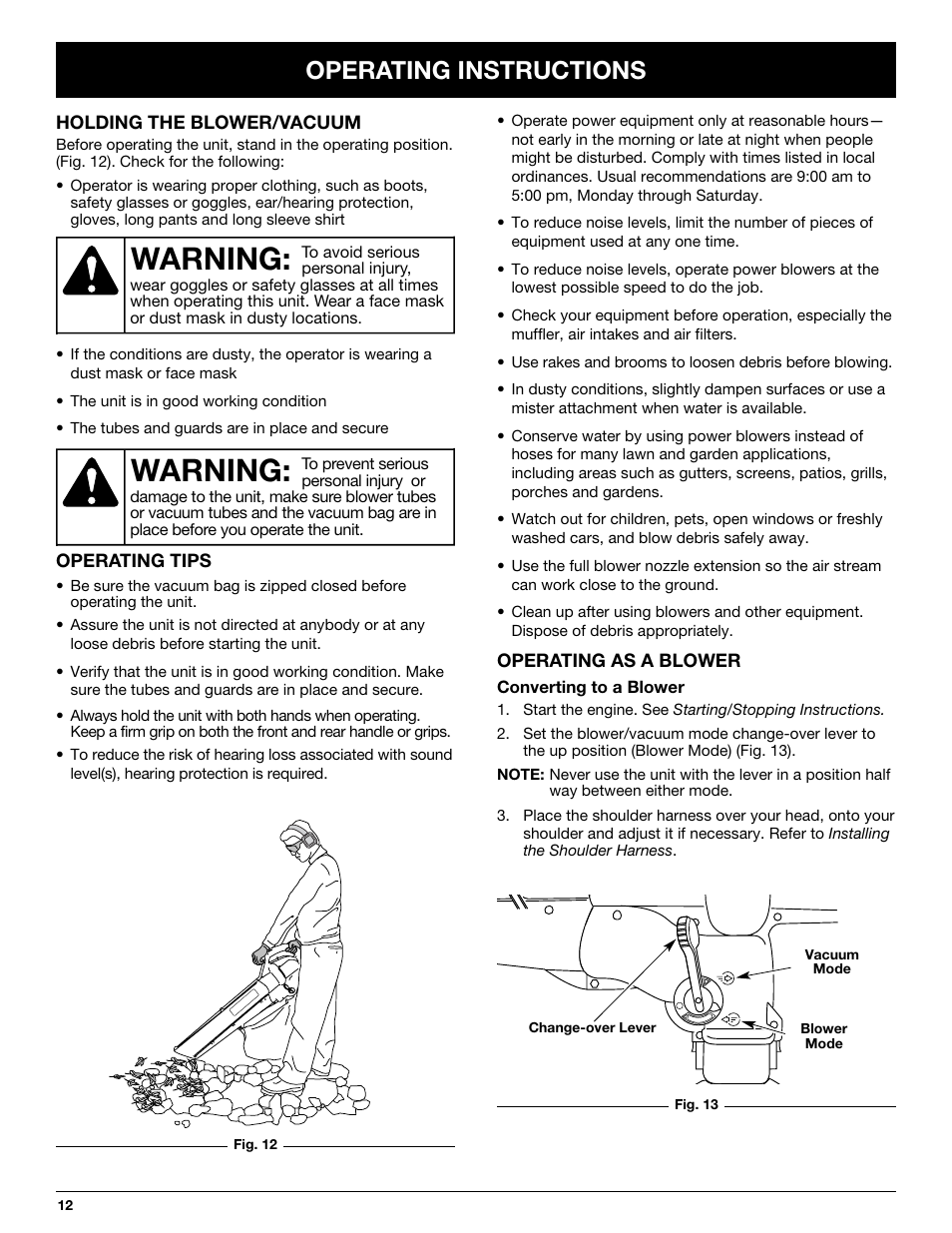 Warning, Operating instructions | Yard-Man YMGBV3100 User Manual | Page 12 / 72