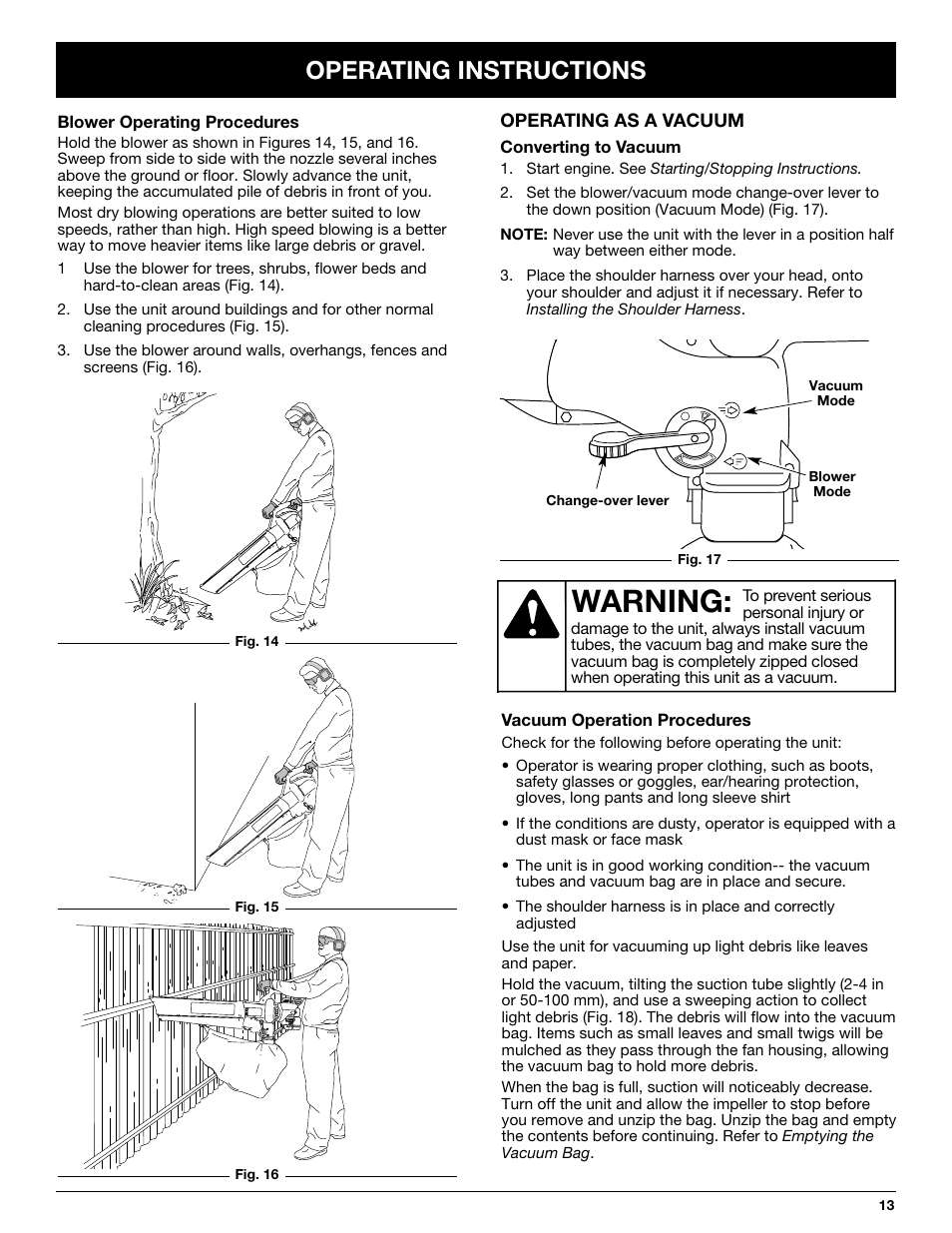 Warning, Operating instructions | Yard-Man YMGBV3100 User Manual | Page 13 / 72