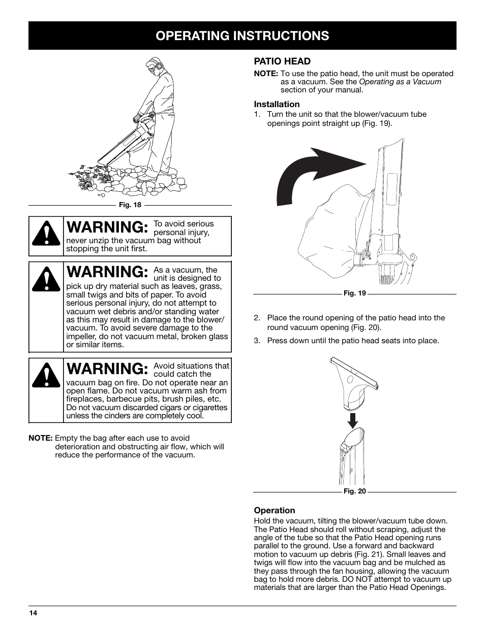 Warning, Operating instructions | Yard-Man YMGBV3100 User Manual | Page 14 / 72