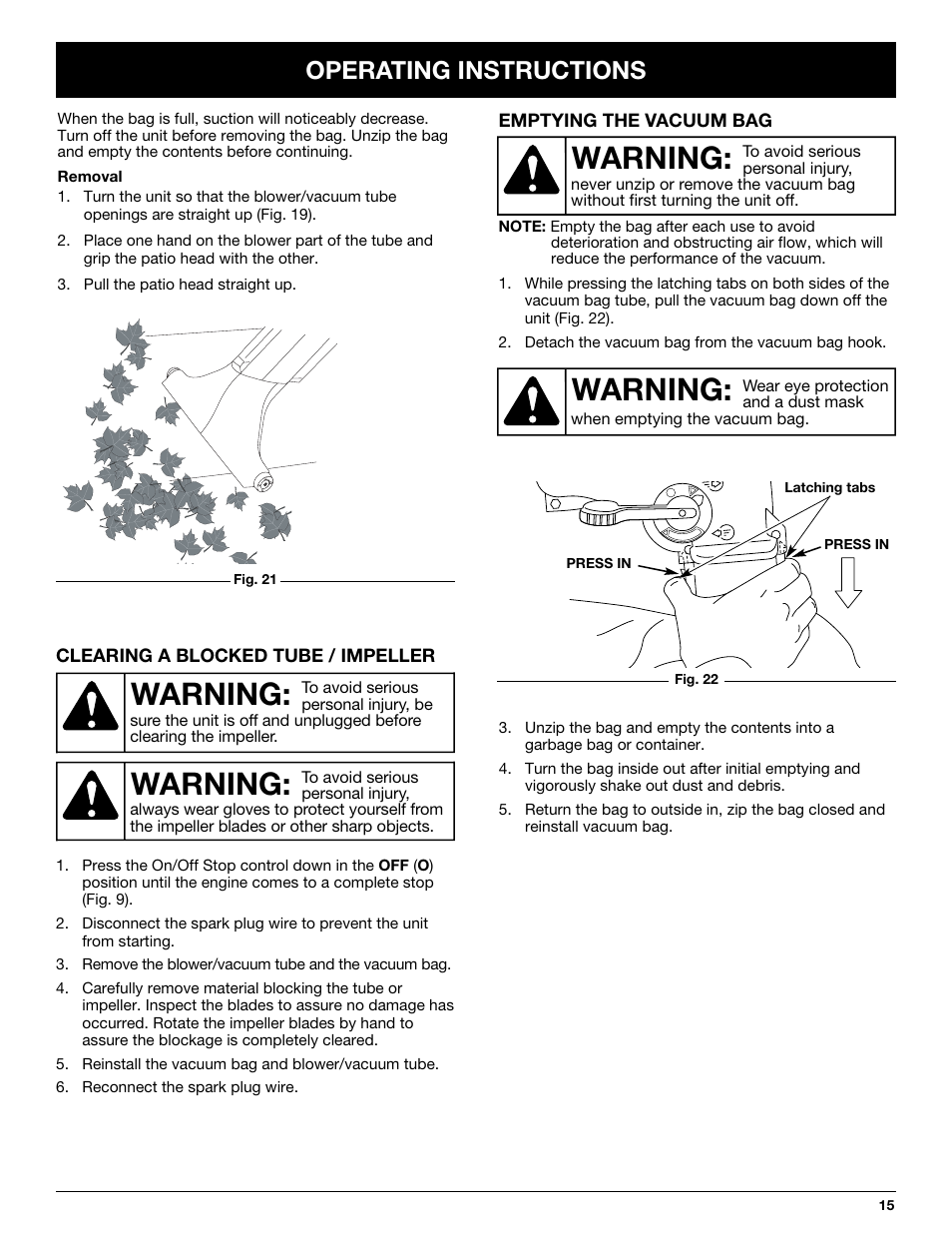 Warning, Operating instructions | Yard-Man YMGBV3100 User Manual | Page 15 / 72
