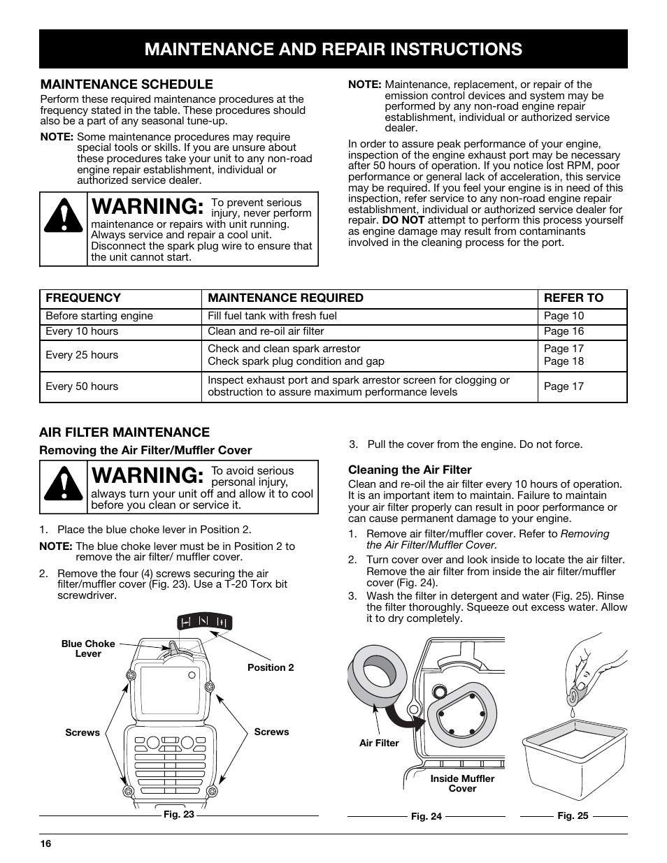 Warning, Maintenance and repair instructions | Yard-Man YMGBV3100 User Manual | Page 16 / 72