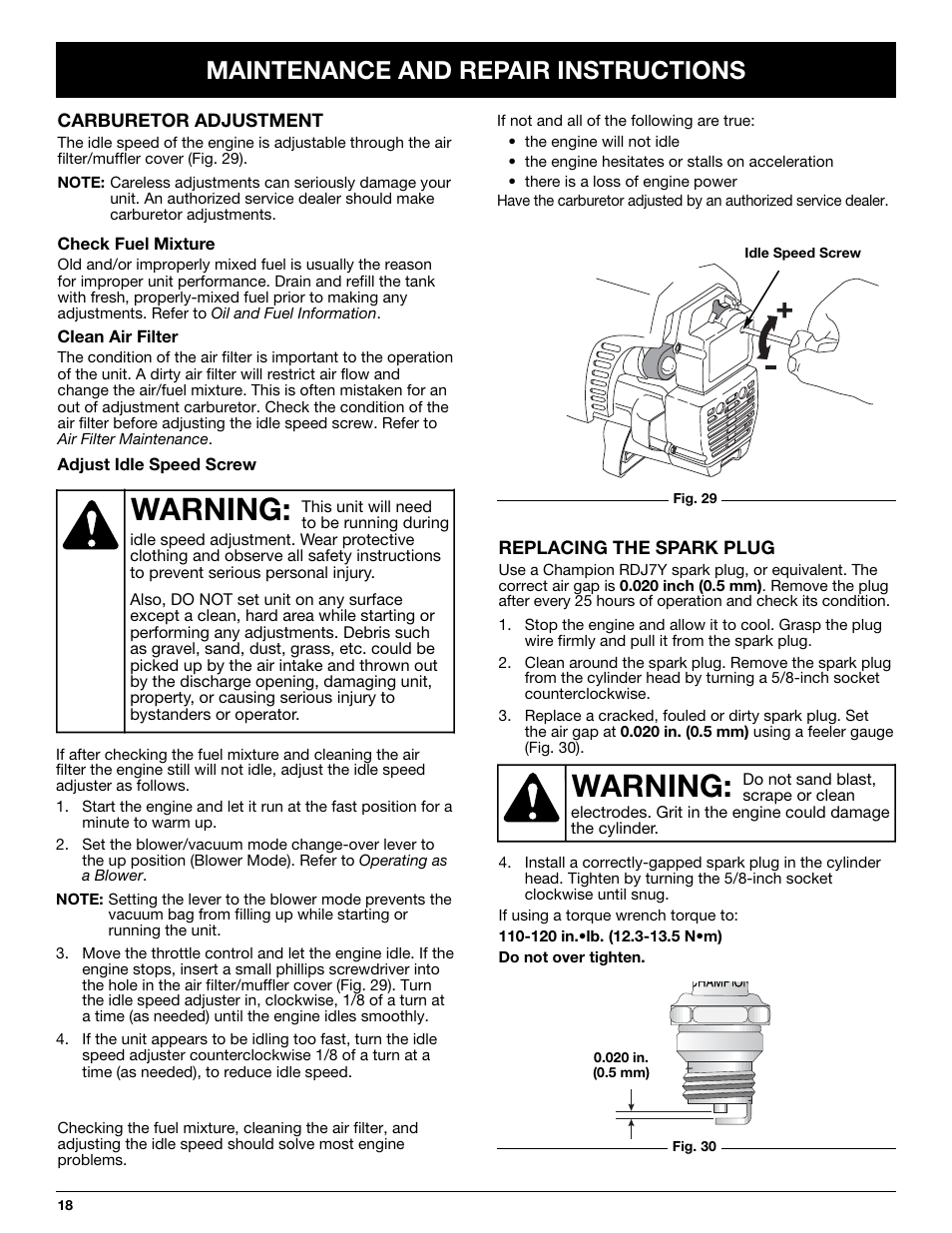 Warning, Maintenance and repair instructions | Yard-Man YMGBV3100 User Manual | Page 18 / 72