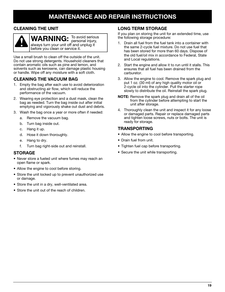 Warning, Maintenance and repair instructions | Yard-Man YMGBV3100 User Manual | Page 19 / 72
