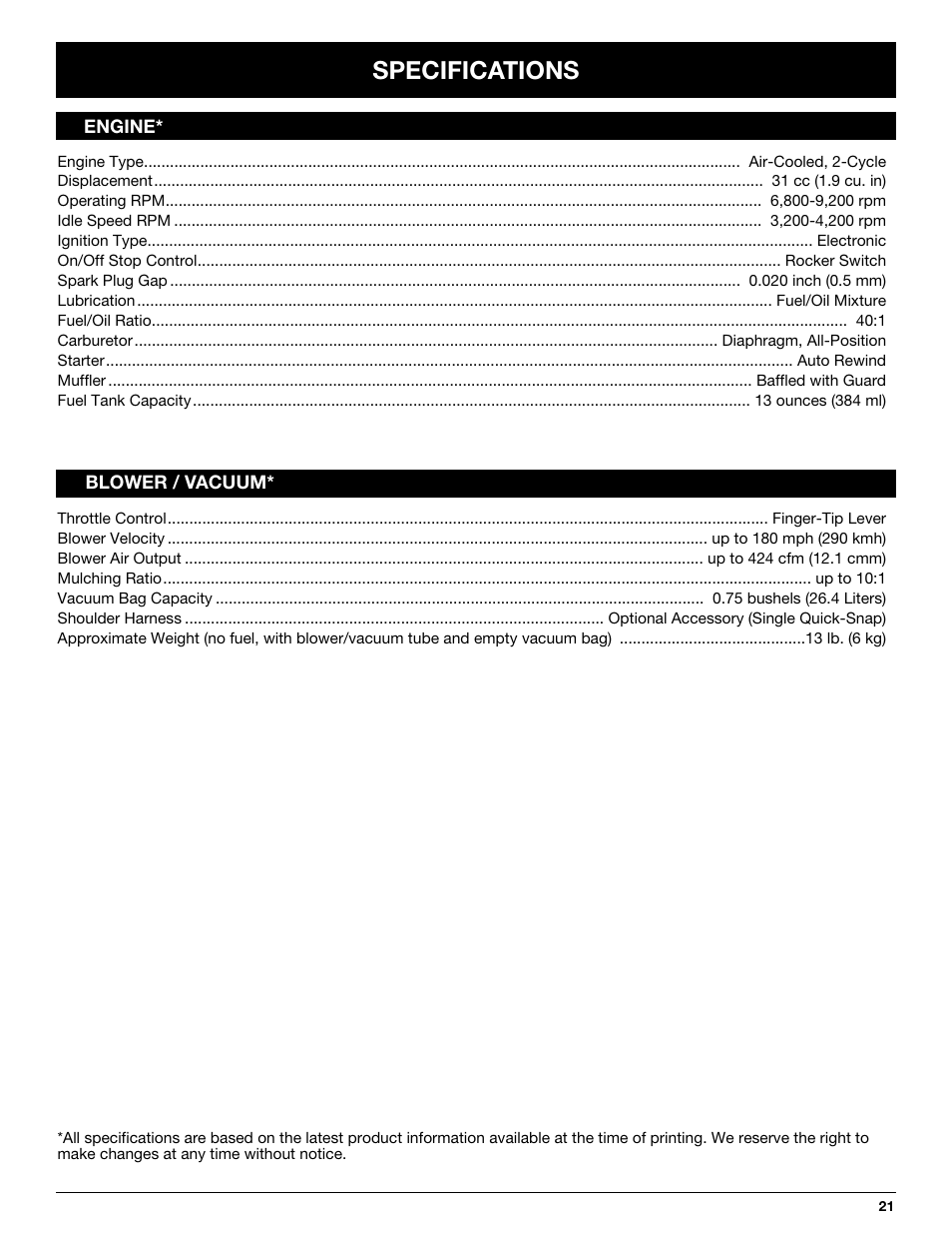 Specifications | Yard-Man YMGBV3100 User Manual | Page 21 / 72
