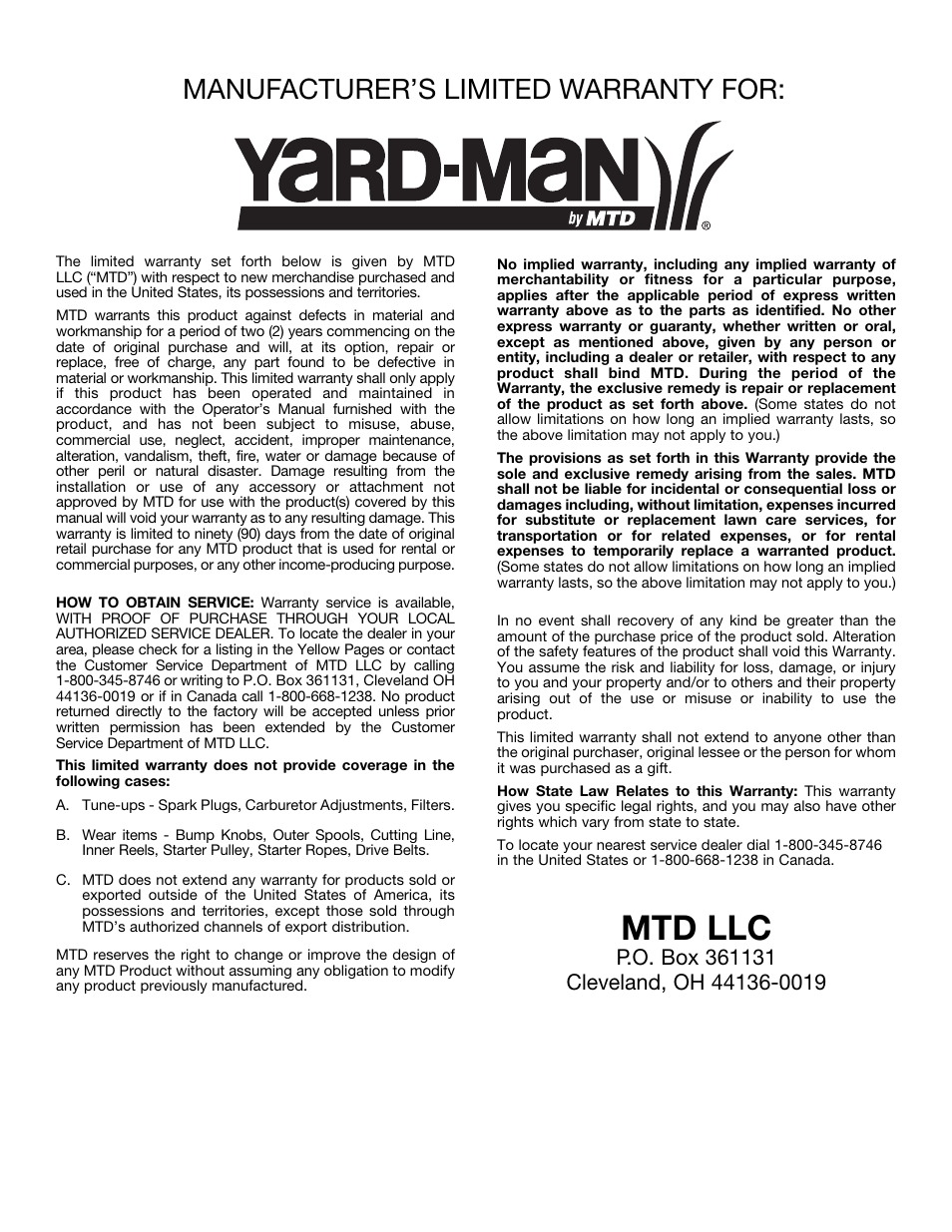 Mtd llc, Manufacturer’s limited warranty for | Yard-Man YMGBV3100 User Manual | Page 24 / 72