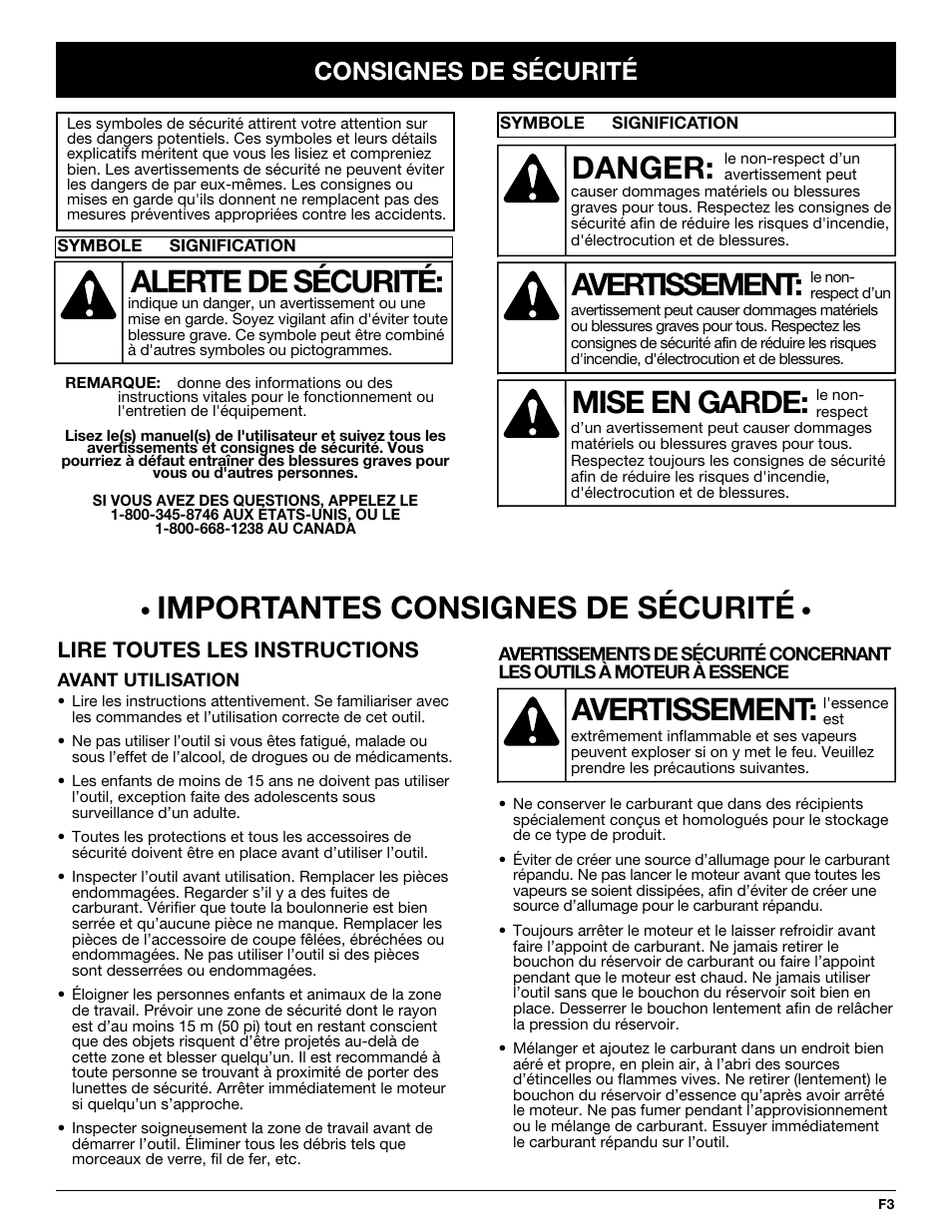 Importantes consignes de sécurité, Avertissement, Danger | Mise en garde, Alerte de sécurité, Consignes de sécurité, Lire toutes les instructions | Yard-Man YMGBV3100 User Manual | Page 27 / 72