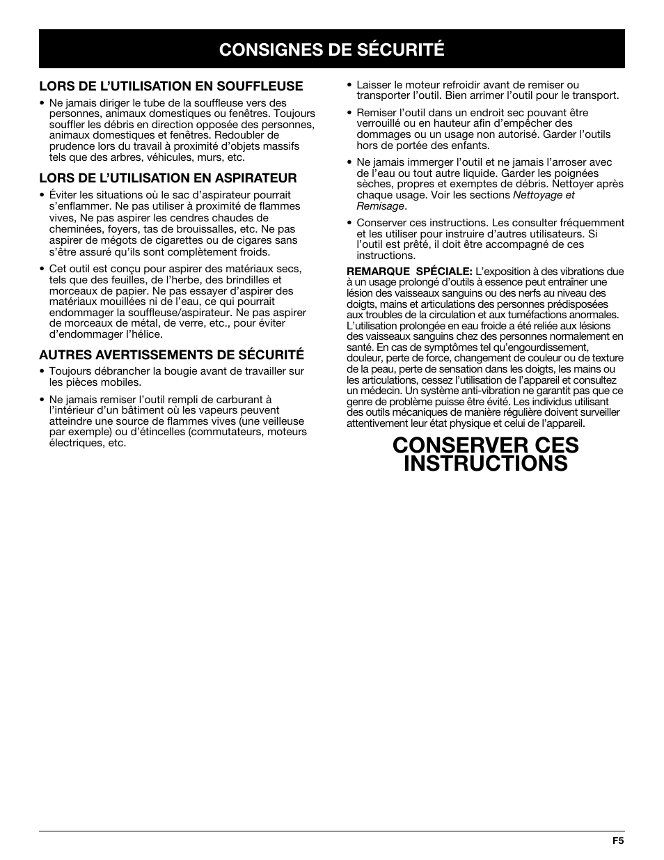 Conserver ces instructions, Consignes de sécurité | Yard-Man YMGBV3100 User Manual | Page 29 / 72