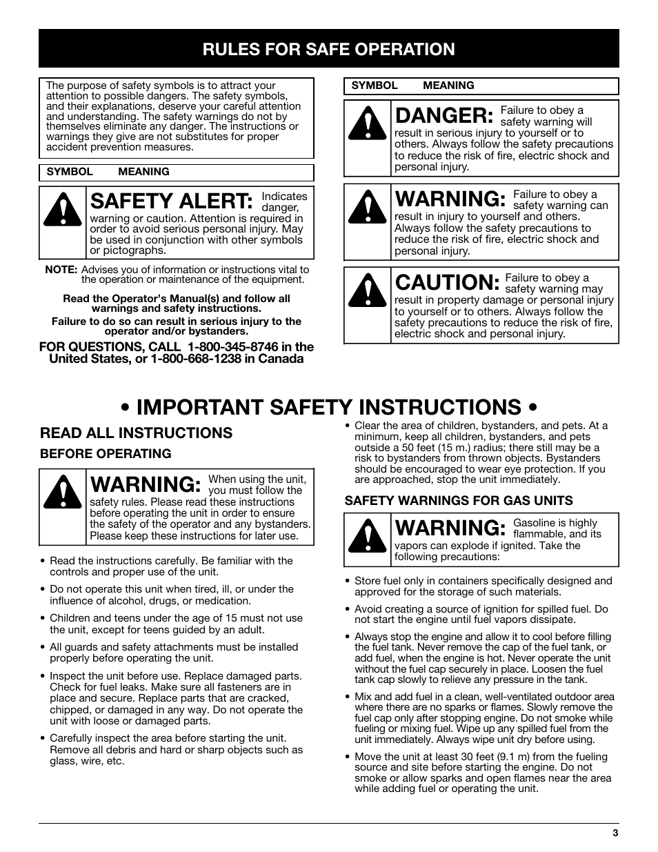 Important safety instructions, Warning, Danger | Caution, Safety alert, Rules for safe operation, Read all instructions | Yard-Man YMGBV3100 User Manual | Page 3 / 72