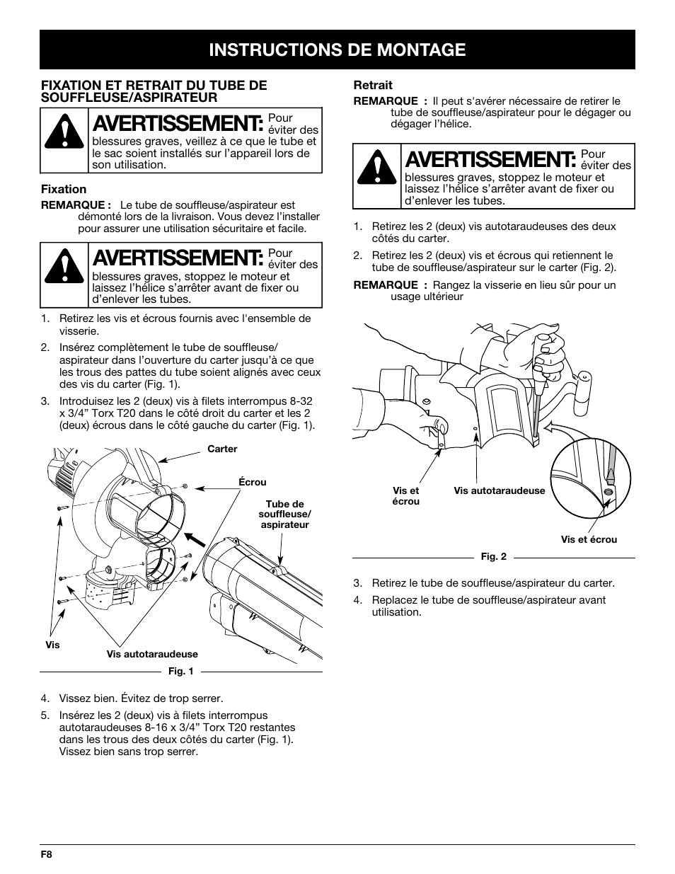 Avertissement, Instructions de montage | Yard-Man YMGBV3100 User Manual | Page 32 / 72