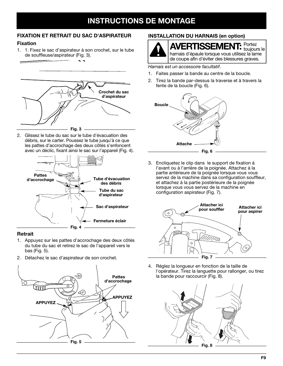 Avertissement, Instructions de montage | Yard-Man YMGBV3100 User Manual | Page 33 / 72