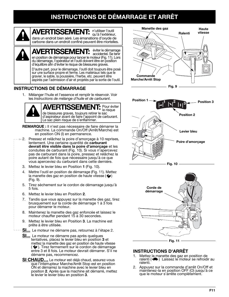 Avertissement, Instructions de démarrage et arrêt | Yard-Man YMGBV3100 User Manual | Page 35 / 72