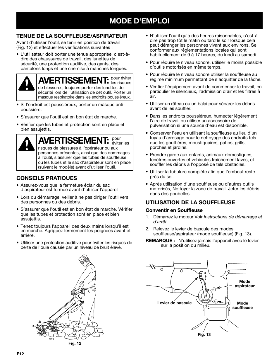 Avertissement, Mode d'emploi | Yard-Man YMGBV3100 User Manual | Page 36 / 72