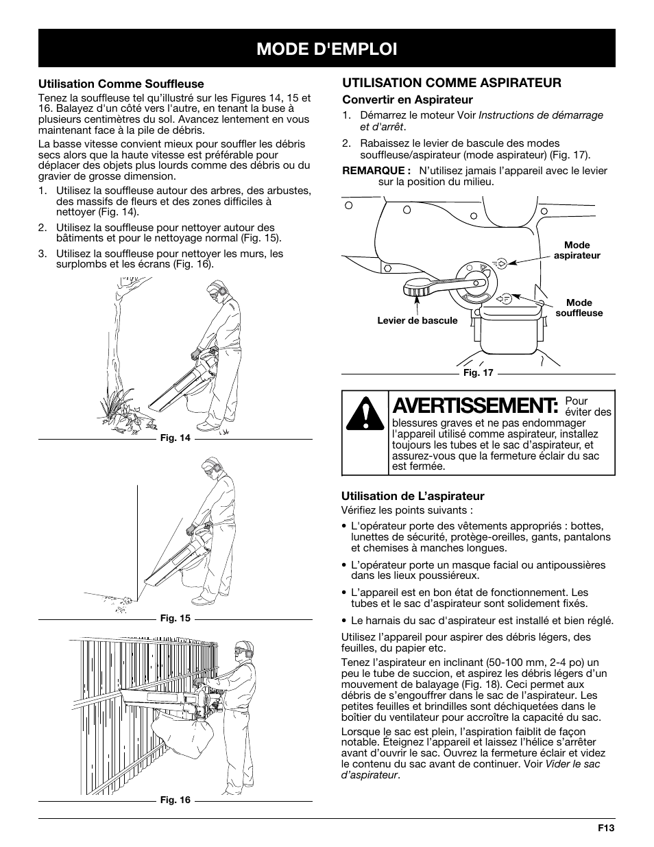 Avertissement, Mode d'emploi | Yard-Man YMGBV3100 User Manual | Page 37 / 72