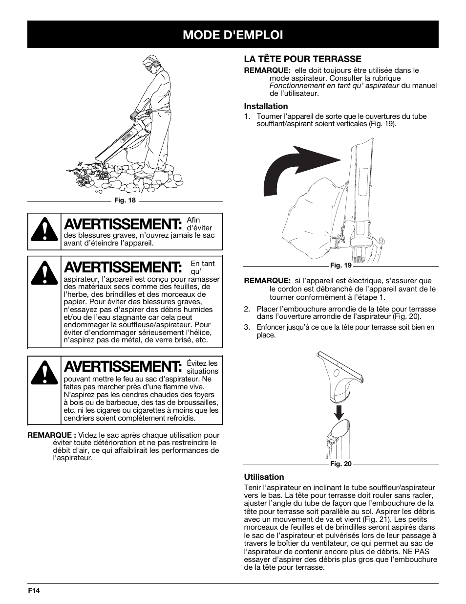 Avertissement, Mode d'emploi | Yard-Man YMGBV3100 User Manual | Page 38 / 72