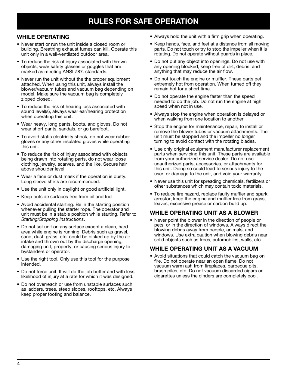 Rules for safe operation | Yard-Man YMGBV3100 User Manual | Page 4 / 72