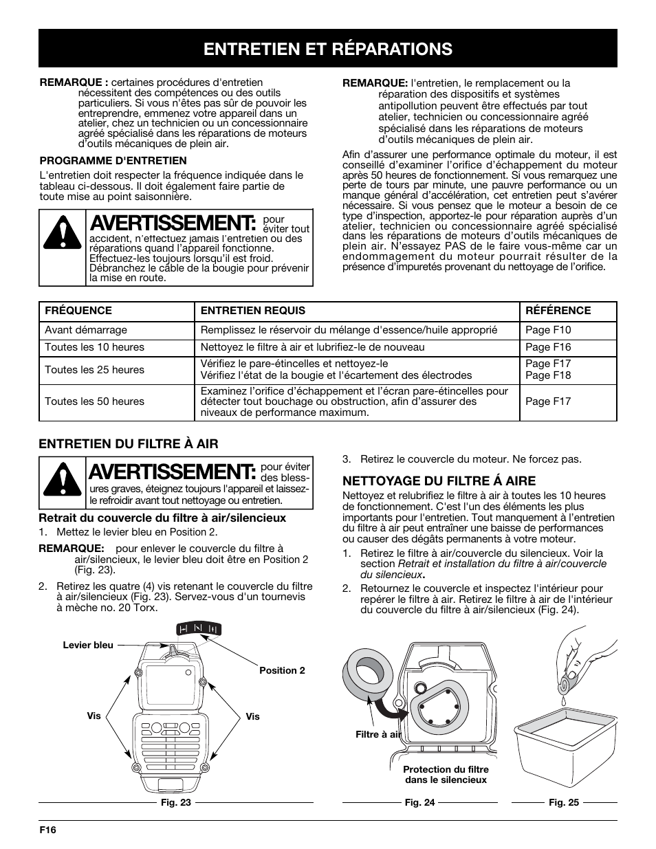 Avertissement, Entretien et réparations | Yard-Man YMGBV3100 User Manual | Page 40 / 72