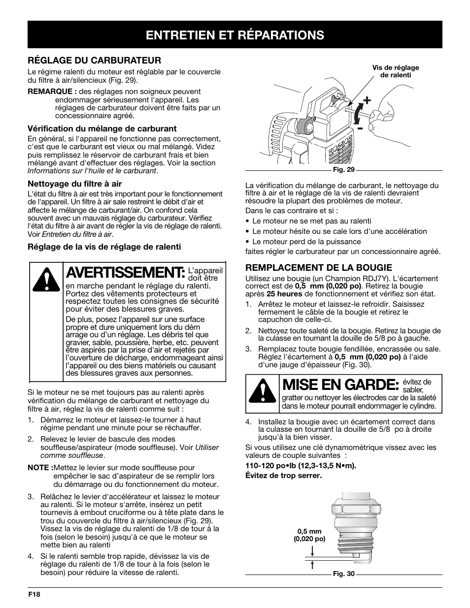 Avertissement, Mise en garde, Entretien et réparations | Yard-Man YMGBV3100 User Manual | Page 42 / 72