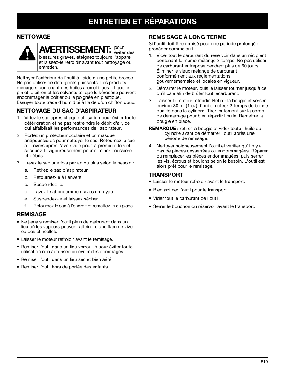 Avertissement, Entretien et réparations | Yard-Man YMGBV3100 User Manual | Page 43 / 72