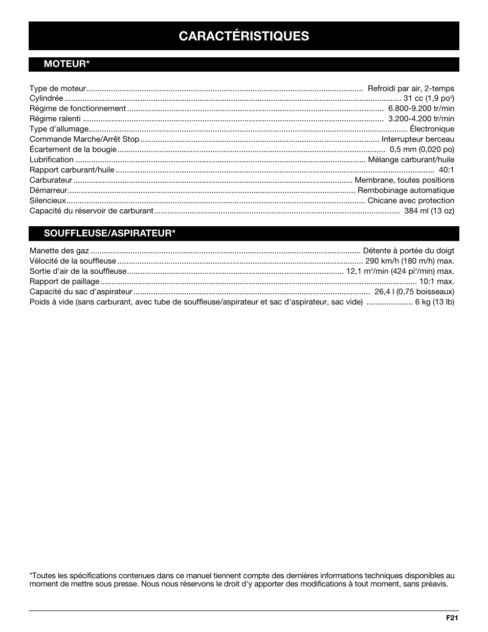 Caractéristiques, Moteur* souffleuse/aspirateur | Yard-Man YMGBV3100 User Manual | Page 45 / 72