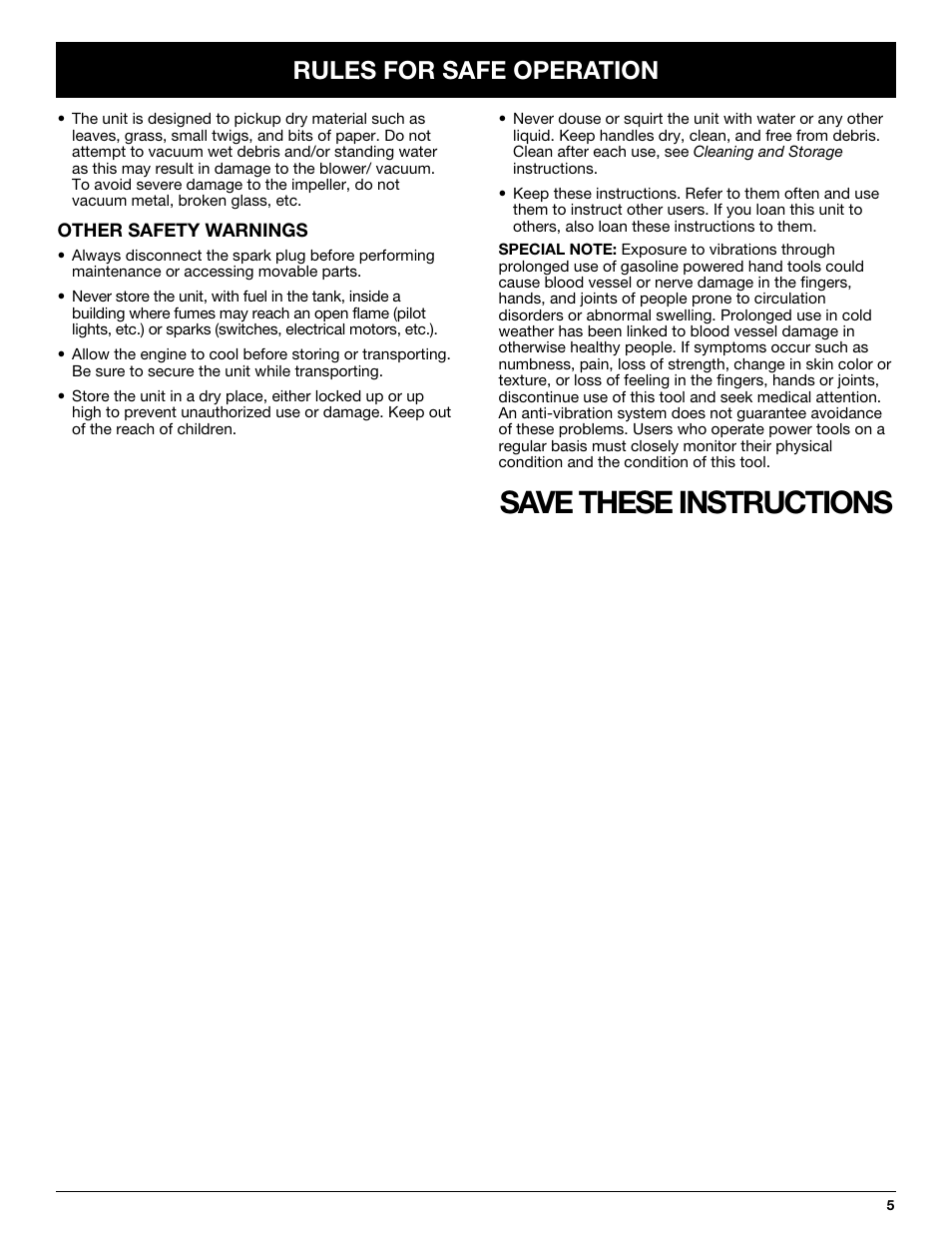 Save these instructions, Rules for safe operation | Yard-Man YMGBV3100 User Manual | Page 5 / 72